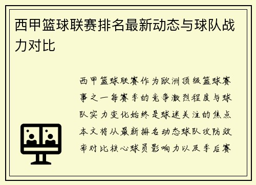 西甲篮球联赛排名最新动态与球队战力对比